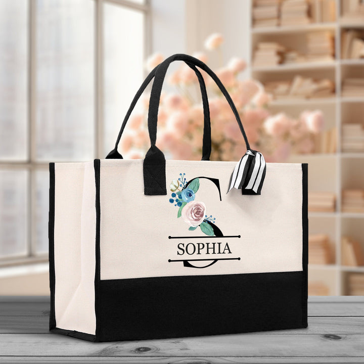 Floral Initial and Name Cotton Canvas Tote Bag