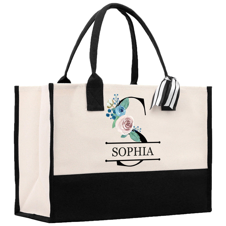 Floral Initial and Name Cotton Canvas Tote Bag