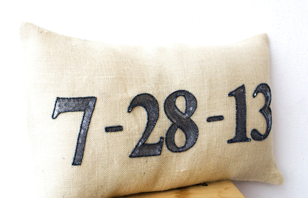 Personalized  date pillows- Ivory Burlap pillows- Decorative throw pillows with monogrammed date to remember- Outdoor pillows-lumbar pillow by Amore Beauté