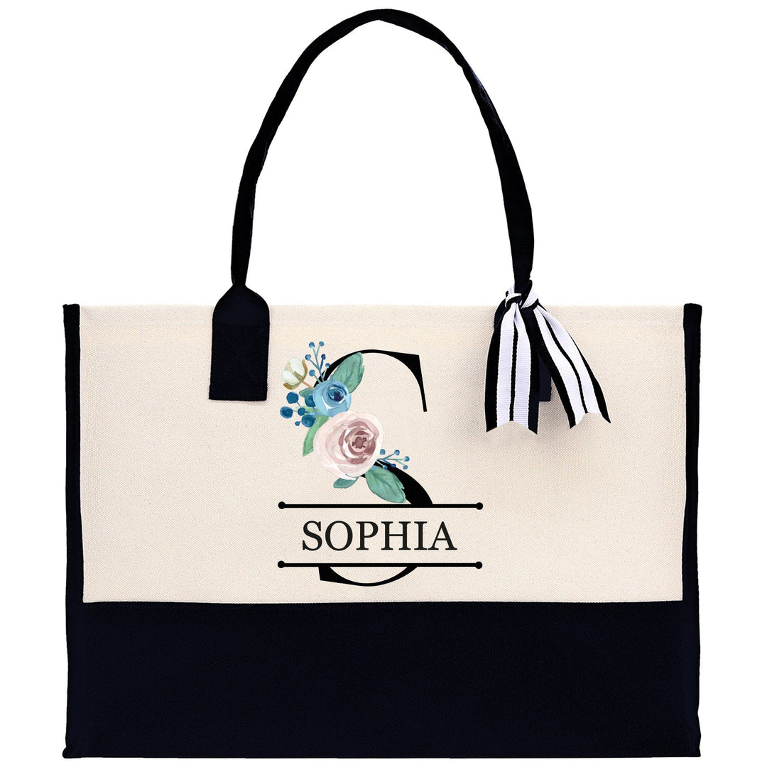 Floral Initial and Name Cotton Canvas Tote Bag