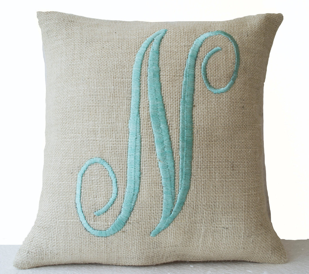 Monogram Pillows- Ivory burlap with mint embroidered letter throw pillow- Custom letter pillows- Gift- 16x16- Cursive letter monogram pillow by Amore Beauté