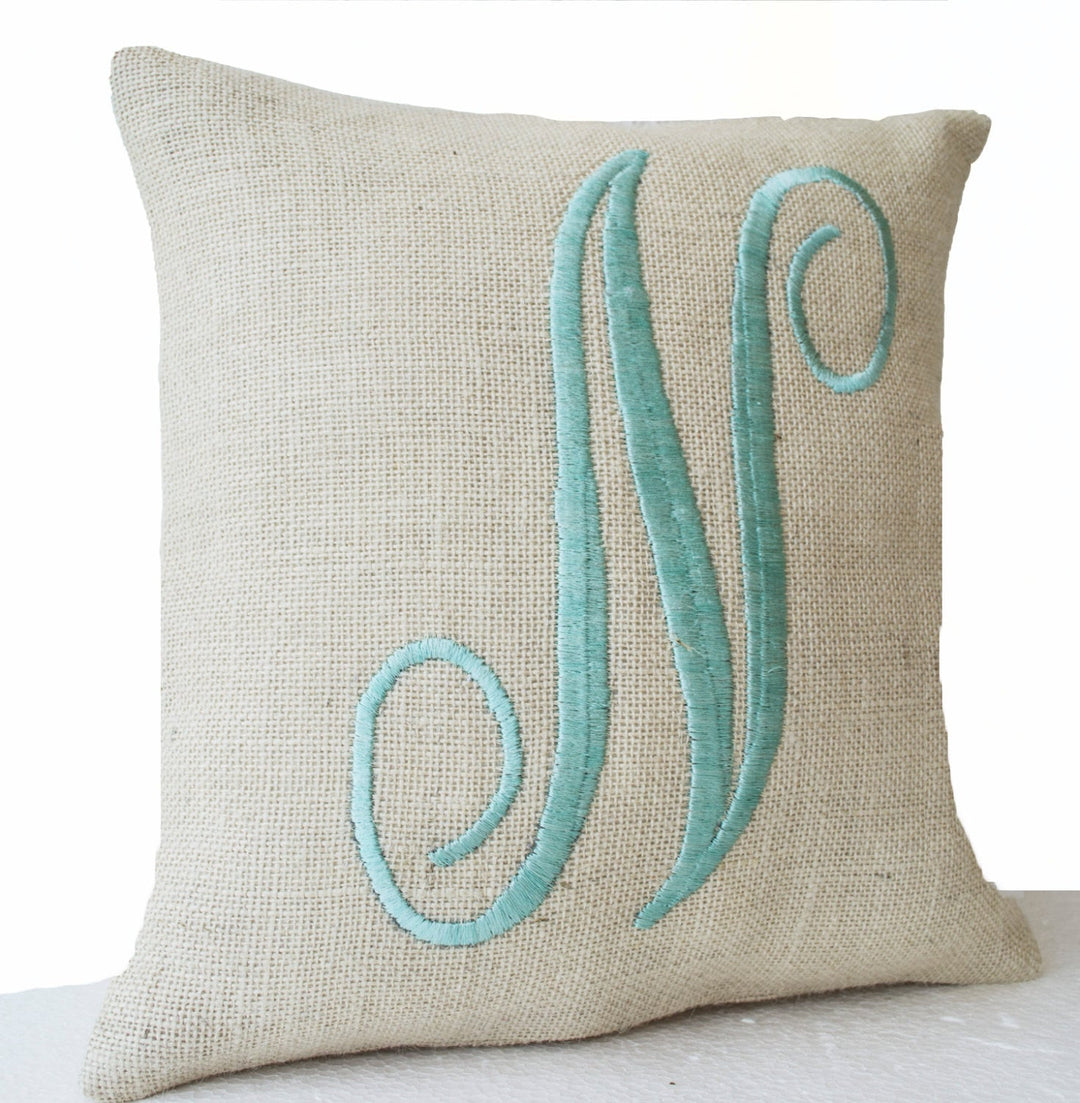 Monogram Pillows- Ivory burlap with mint embroidered letter throw pillow- Custom letter pillows- Gift- 16x16- Cursive letter monogram pillow by Amore Beauté