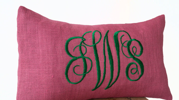 Pink Burlap Custom Typography Monogram Throw Pillow Cover by Amore Beauté