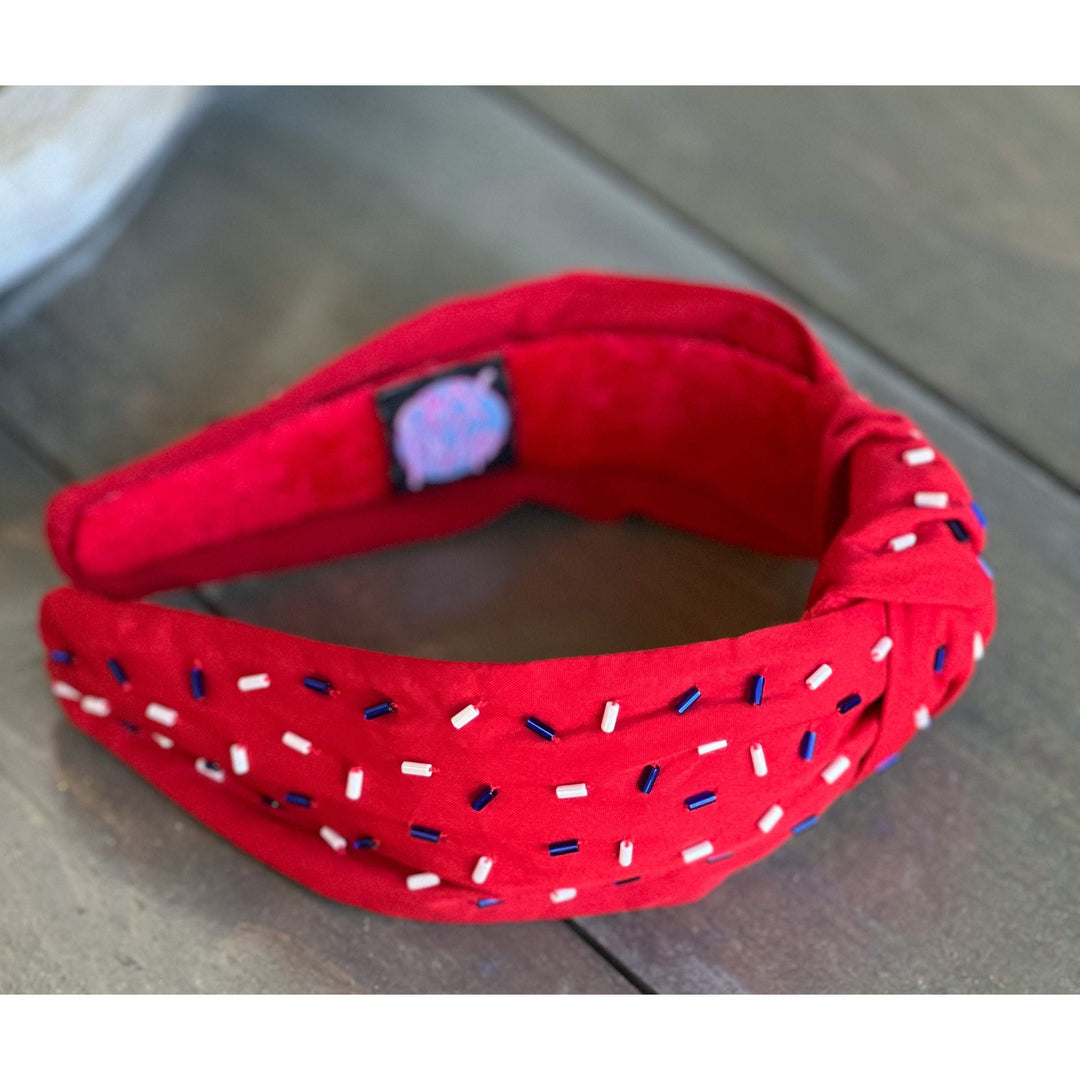 Patriotic Confetti Red Seed Bead Front Knot Headband by OBX Prep