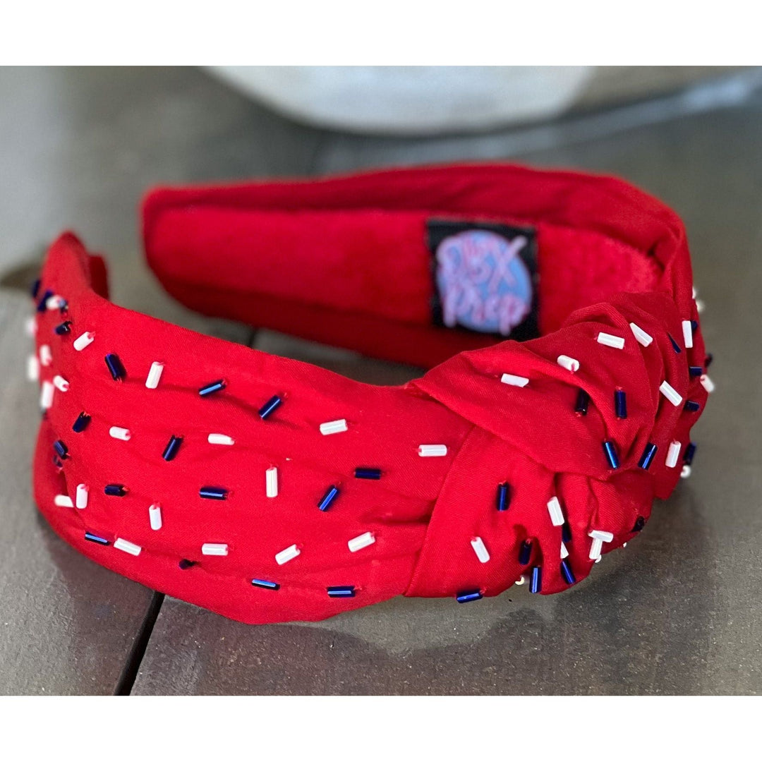 Patriotic Confetti Red Seed Bead Front Knot Headband by OBX Prep