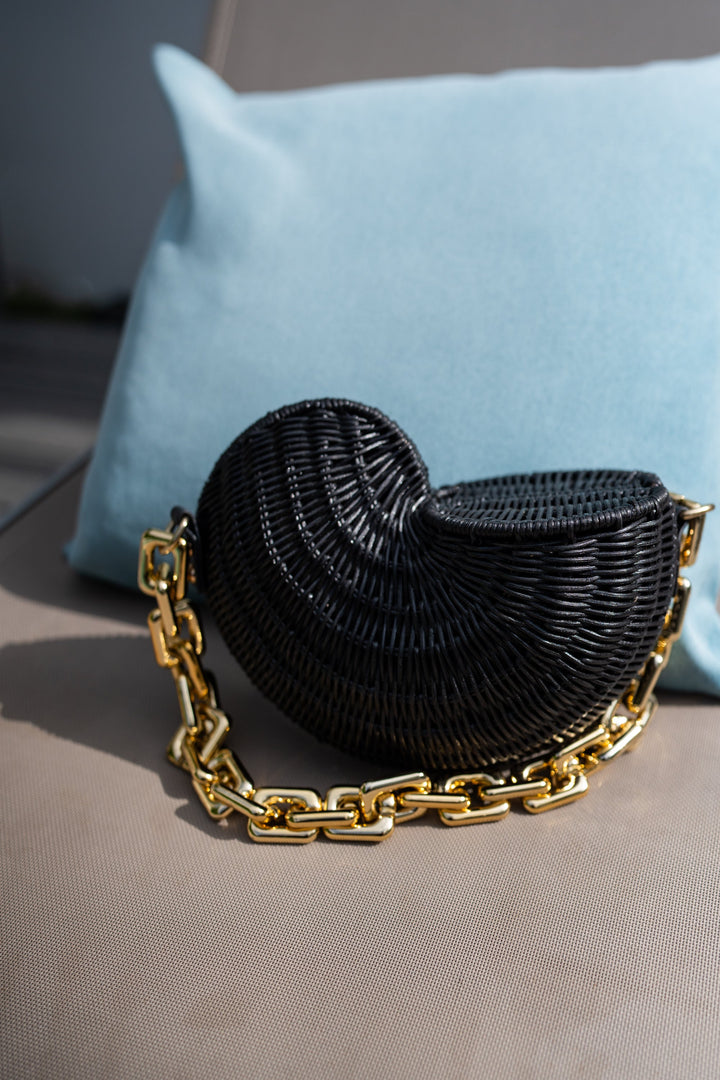 Moon Shell Purse in Black Wicker