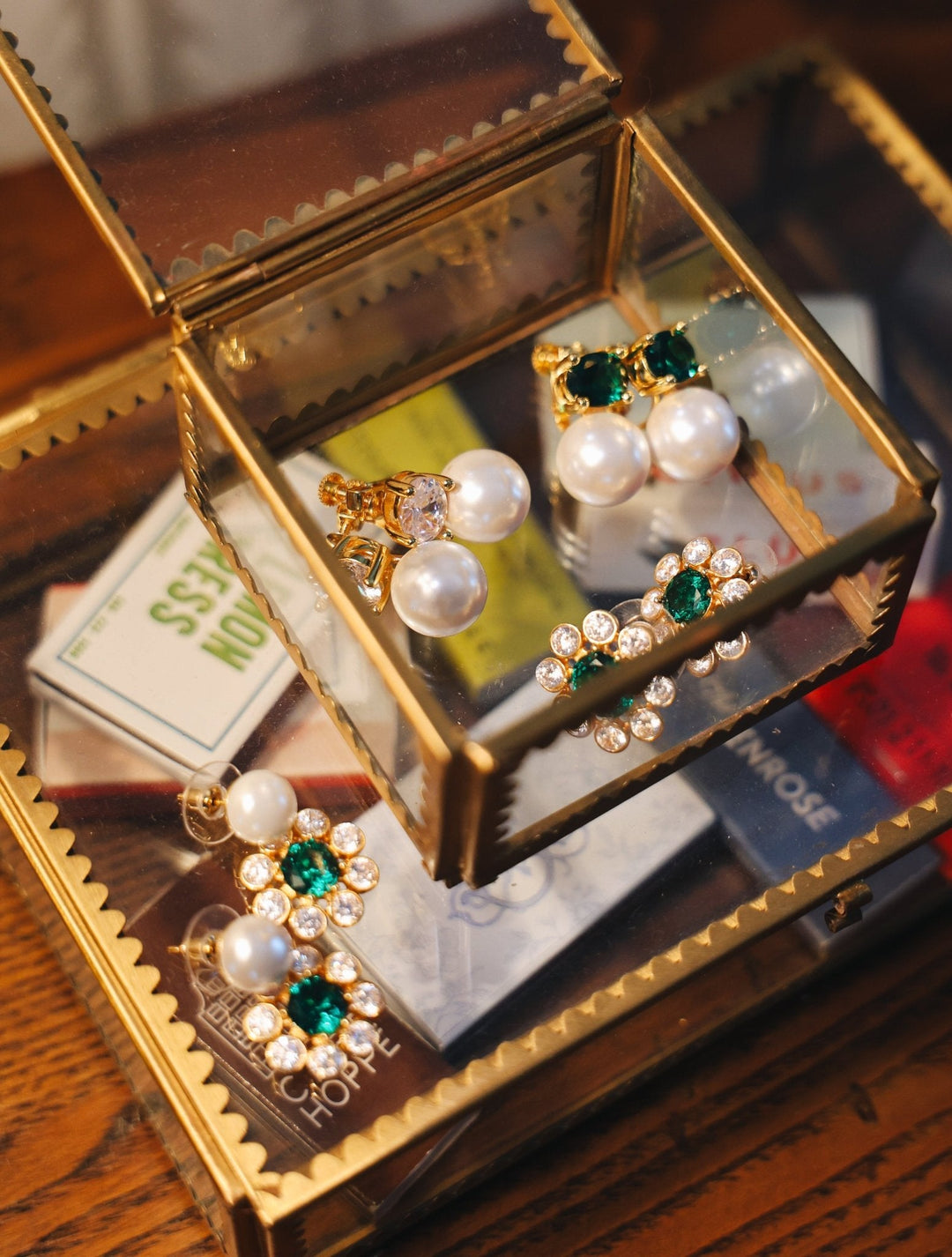 Kelly- Emerald Pearl Drop Earrings- 18k Gold Plated - Belle of the Ball Collection