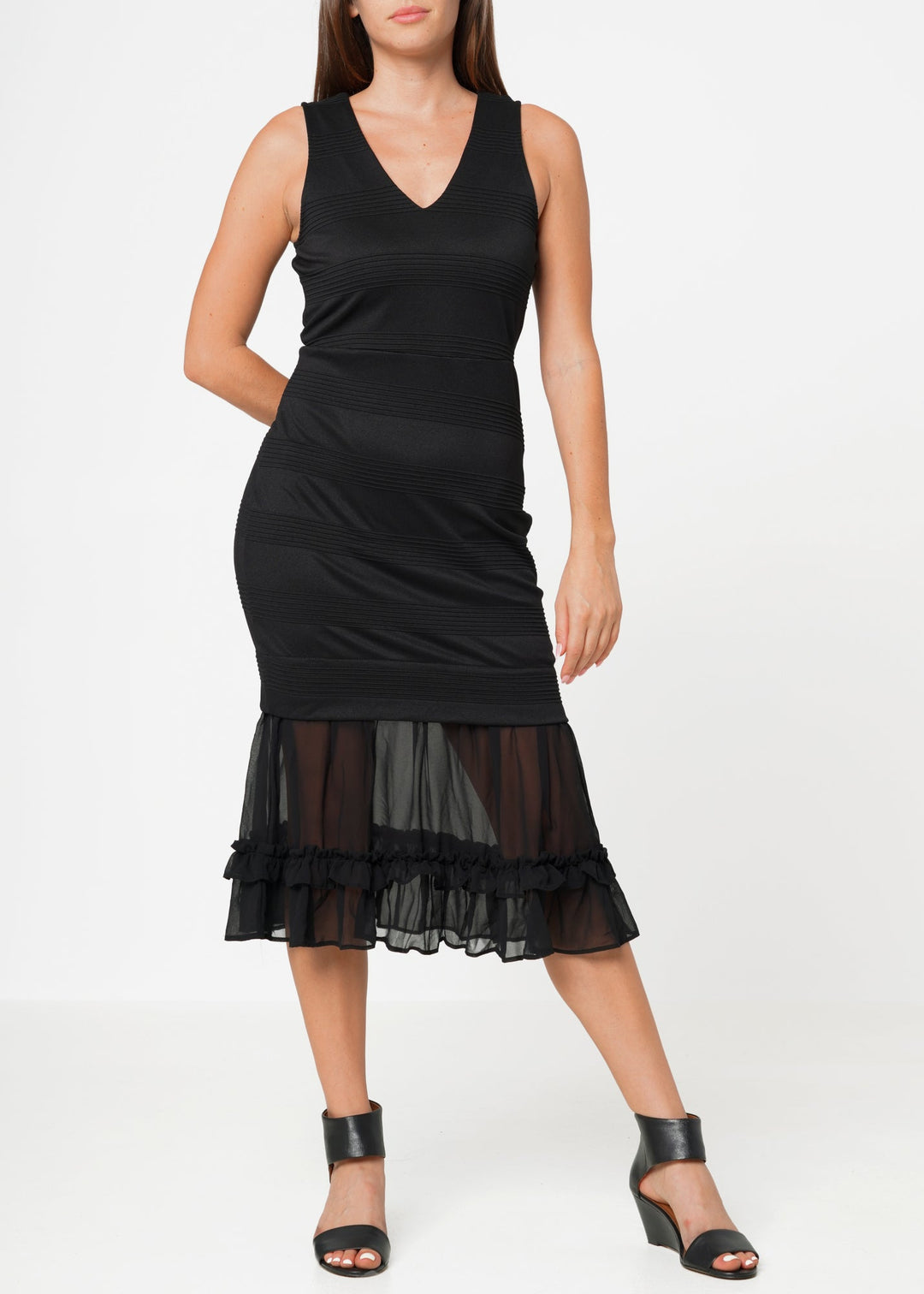 Sleeveless V-neck Sheer Ruffle Hem Bodycon Dress In Black Pomp and Port Sleeveless V-neck Sheer Ruffle Hem Bodycon Dress In Black Pomp and Port