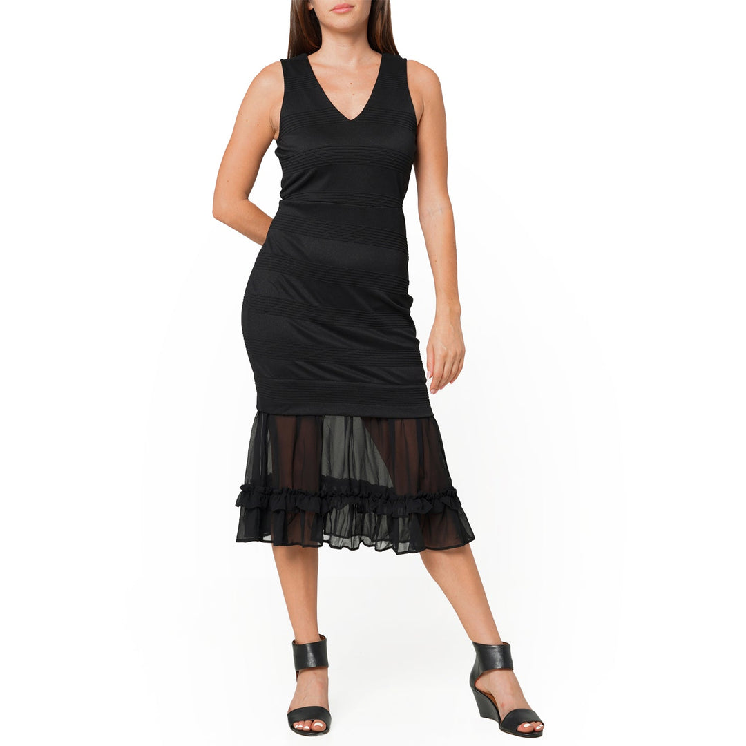 Sleeveless V-neck Sheer Ruffle Hem Bodycon Dress In Black Pomp and Port Sleeveless V-neck Sheer Ruffle Hem Bodycon Dress In Black Pomp and Port