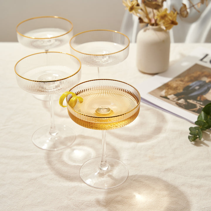 Ribbed Coupe Cocktail Glasses With Gold Rim 8 oz | Set of 4 | Classic Manhattan Glasses For Cocktails, Champagne Coupe, Ripple Coupe Glasses, Art Deco Gatsby Vintage, Crystal with Stems by The Wine Savant