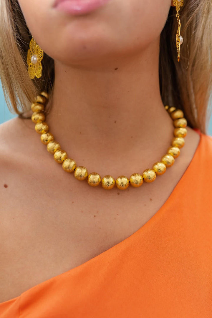 Diana Single Strand Beaded  Large Necklace - 14mm -  Brushed Gold