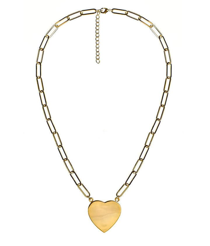 Gold Flat Heart Charm Necklace with Paper Clip Chain - 18k Gold Plated -