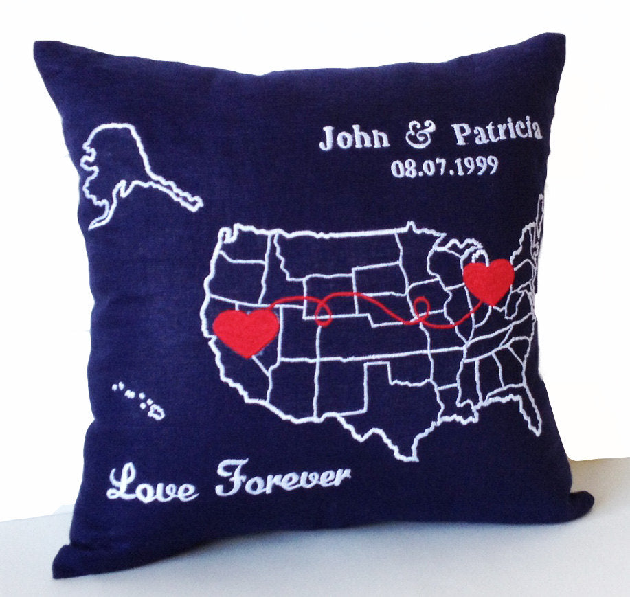 Personalized US Map Pillow, Long Distance Relation Pillow, Couple Pillow by Amore Beauté