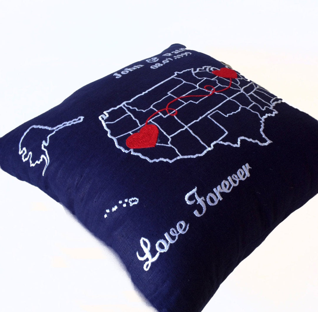 Personalized US Map Pillow, Long Distance Relation Pillow, Couple Pillow by Amore Beauté