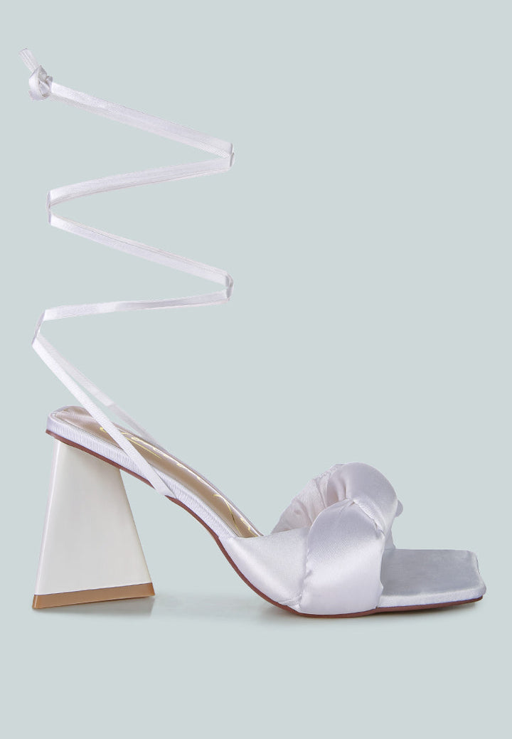 pristine satin strap triangular block heel sandals by London Rag