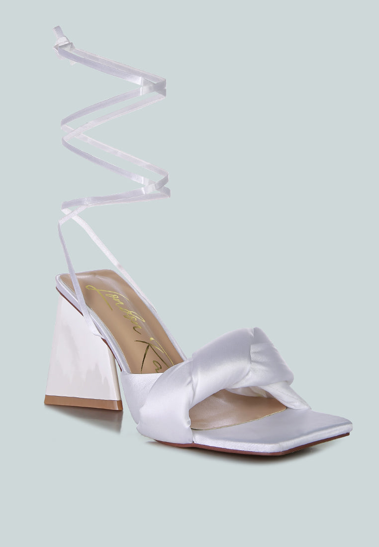 pristine satin strap triangular block heel sandals by London Rag