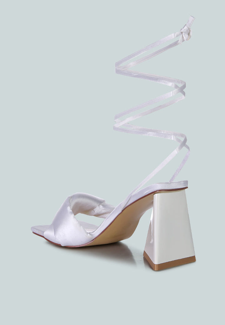 pristine satin strap triangular block heel sandals by London Rag