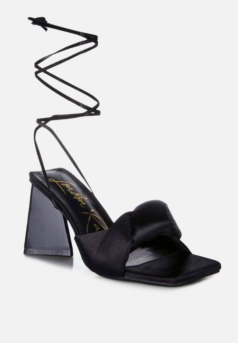 pristine satin strap triangular block heel sandals by London Rag