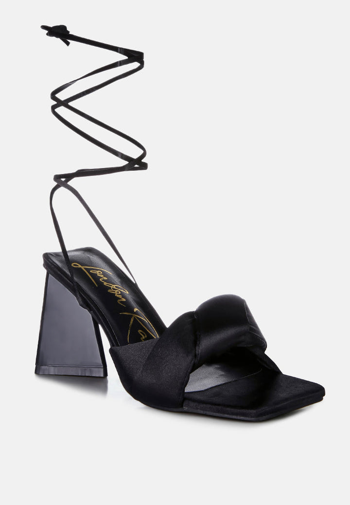 pristine satin strap triangular block heel sandals by London Rag