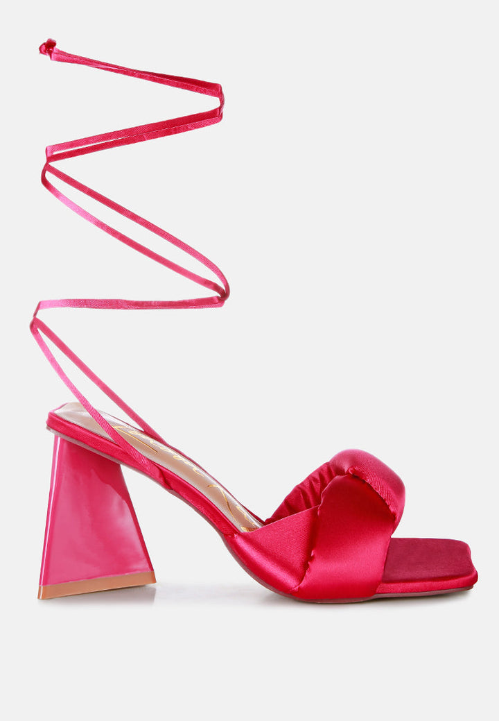 pristine satin strap triangular block heel sandals by London Rag