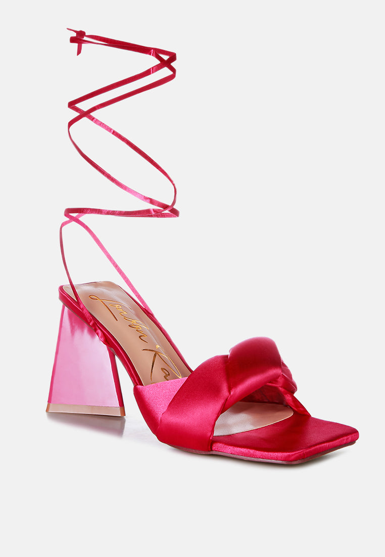 pristine satin strap triangular block heel sandals by London Rag