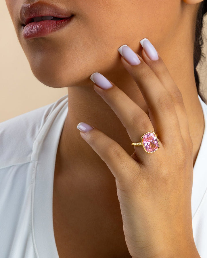 Pink Sapphire Elongated Cushion  CZ Cocktail Ring