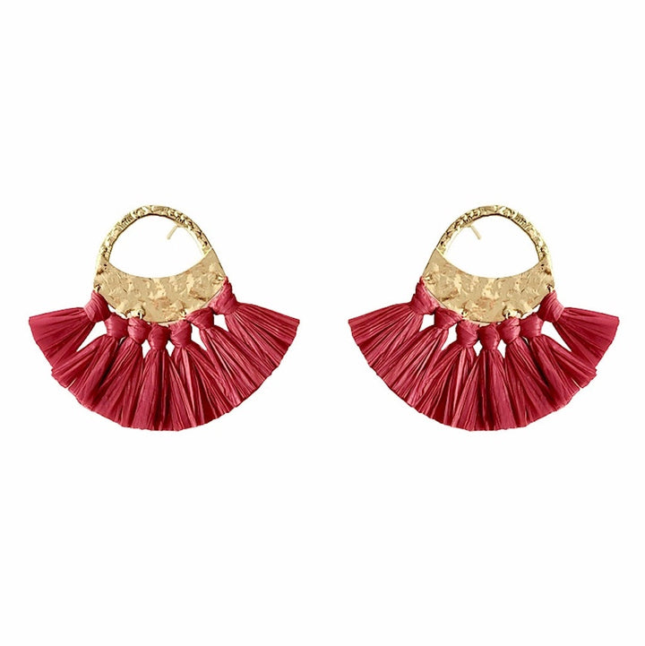 Red Raffia Fan Earrings