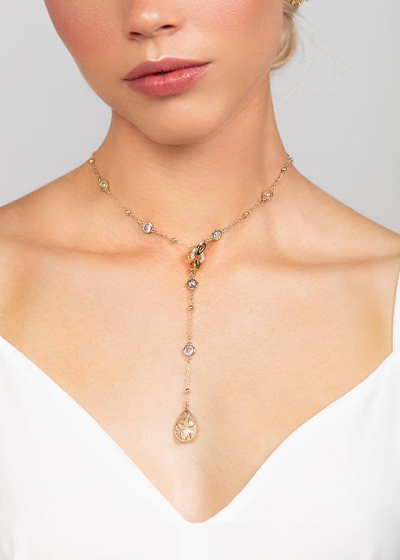 Reed Crystal Teardrop Charm Lariat Necklace