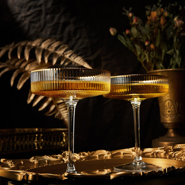 Ribbed Coupe Cocktail Glasses With Gold Rim 8 oz | Set of 2 | Classic Manhattan Glasses For Cocktails, Champagne Coupe, Ripple Coupe Glasses, Art Deco Gatsby Vintage, Crystal with Stems by The Wine Savant