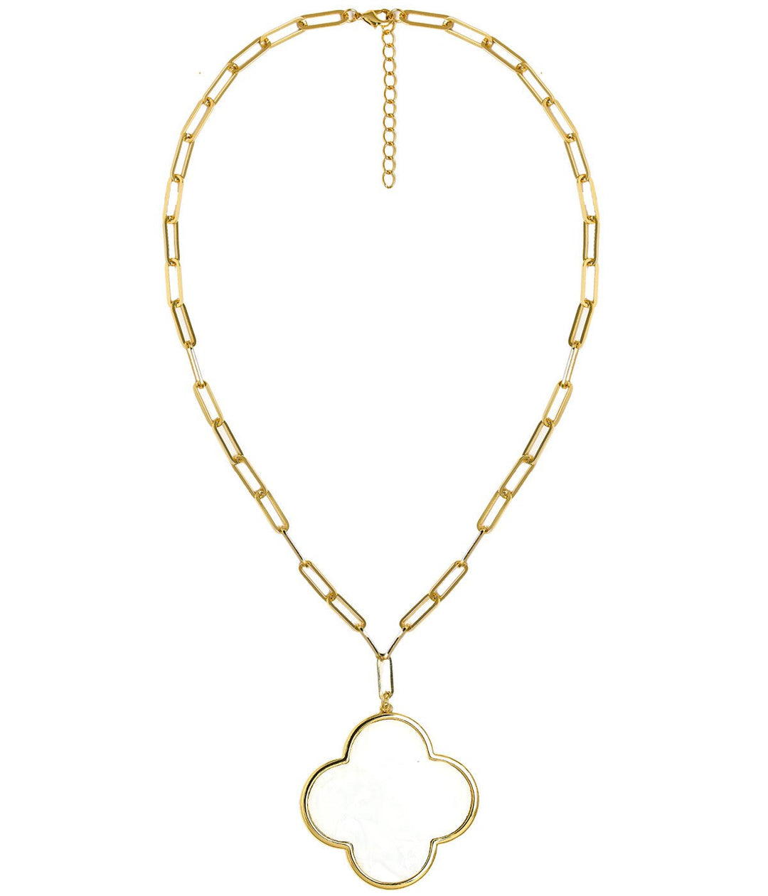 Riley Large Clover Shell Necklace - 18k Plated Paper Clip Chain