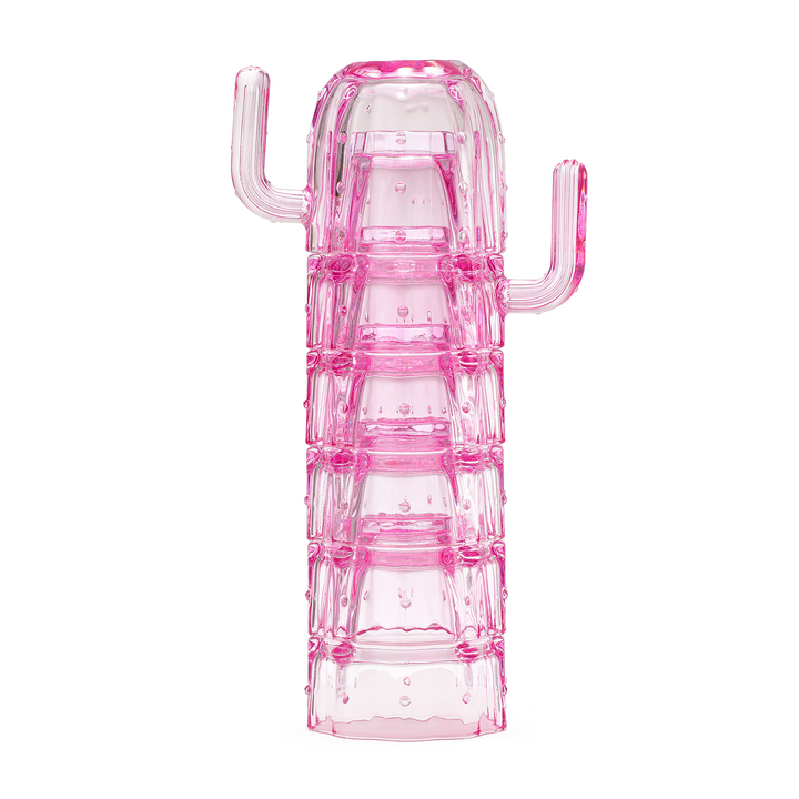 Cactus Stackable Glasses, Stacktus Gifts, Set of 6-10 oz Cactus Shape Glasses With Handles Pink Glass Blown Figurines Plant Decorations for Parties 3.5" H 5" W - Copyright Design, Patent Pending by The Wine Savant
