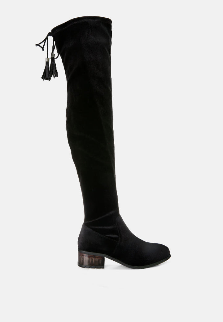 Rumple Velvet Over The Knee Clear Heel Boots by London Rag