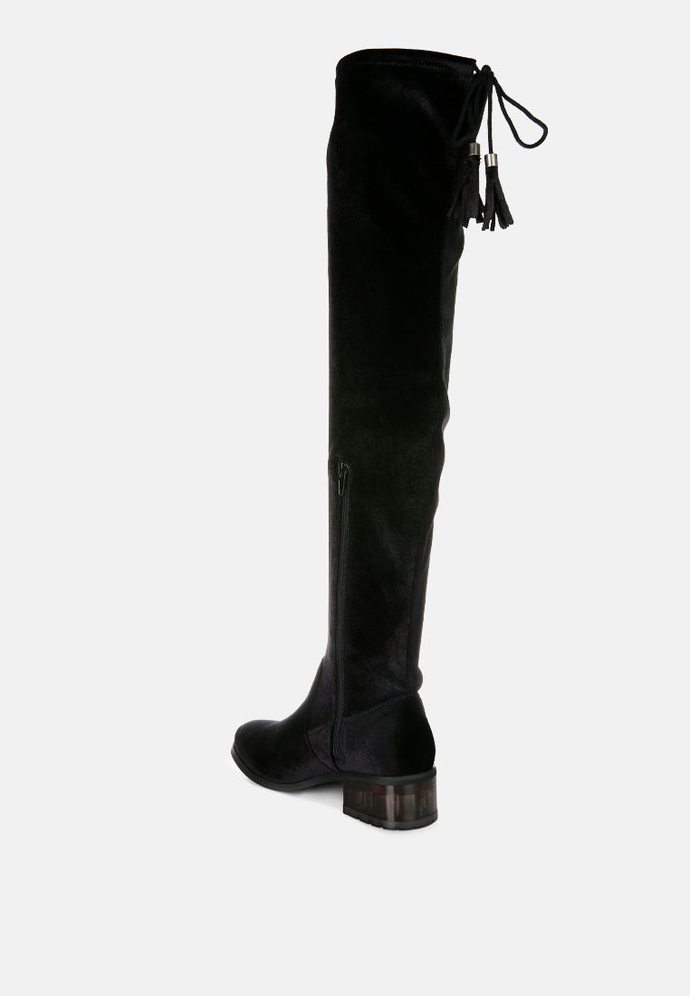 Rumple Velvet Over The Knee Clear Heel Boots by London Rag