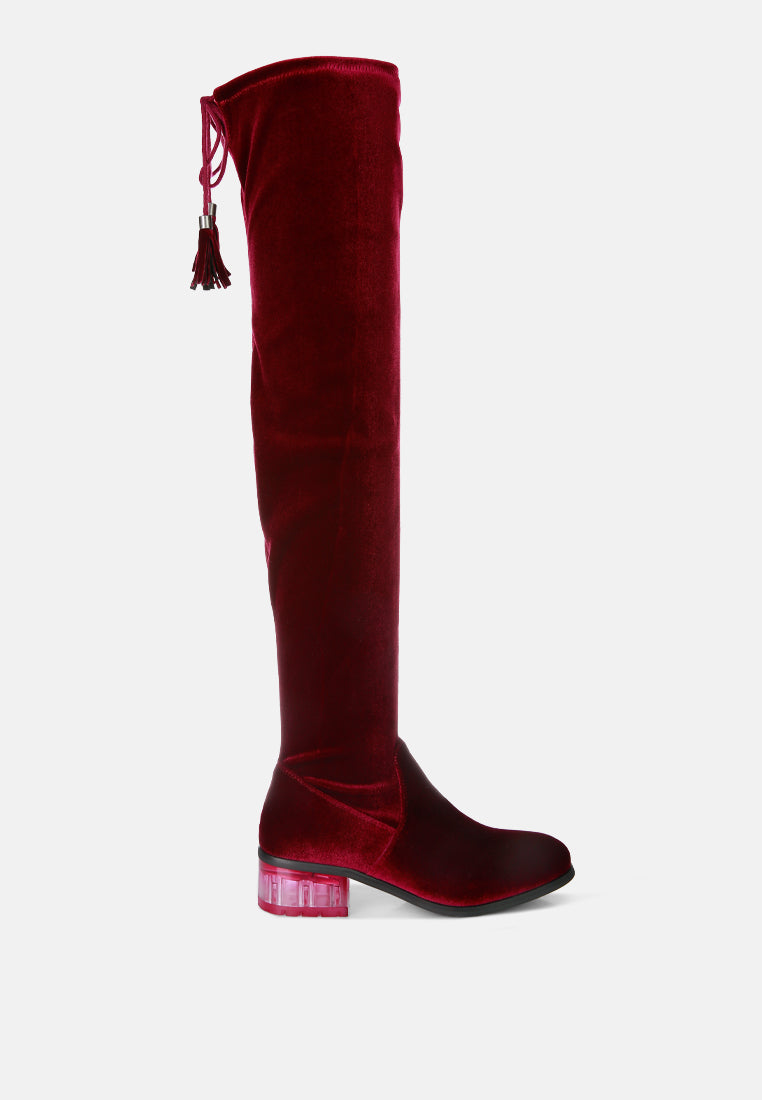 Rumple Velvet Over The Knee Clear Heel Boots by London Rag