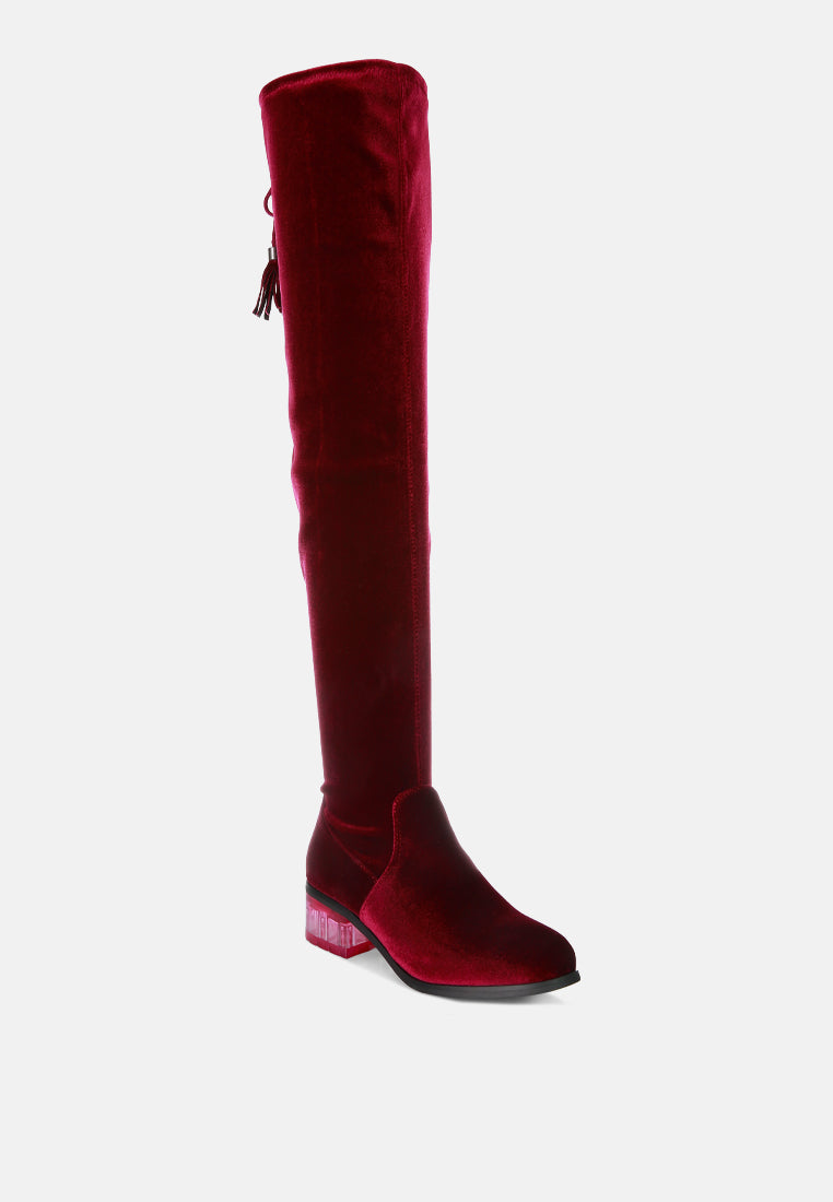 Rumple Velvet Over The Knee Clear Heel Boots by London Rag