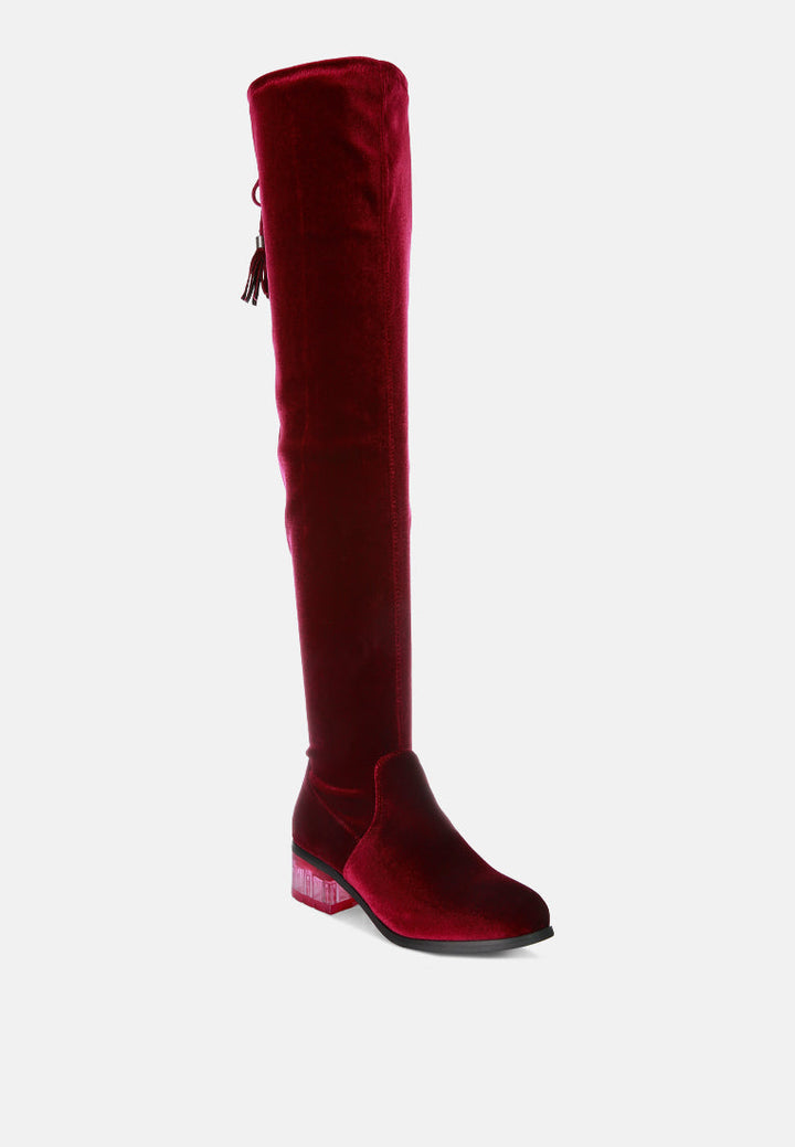 Rumple Velvet Over The Knee Clear Heel Boots by London Rag