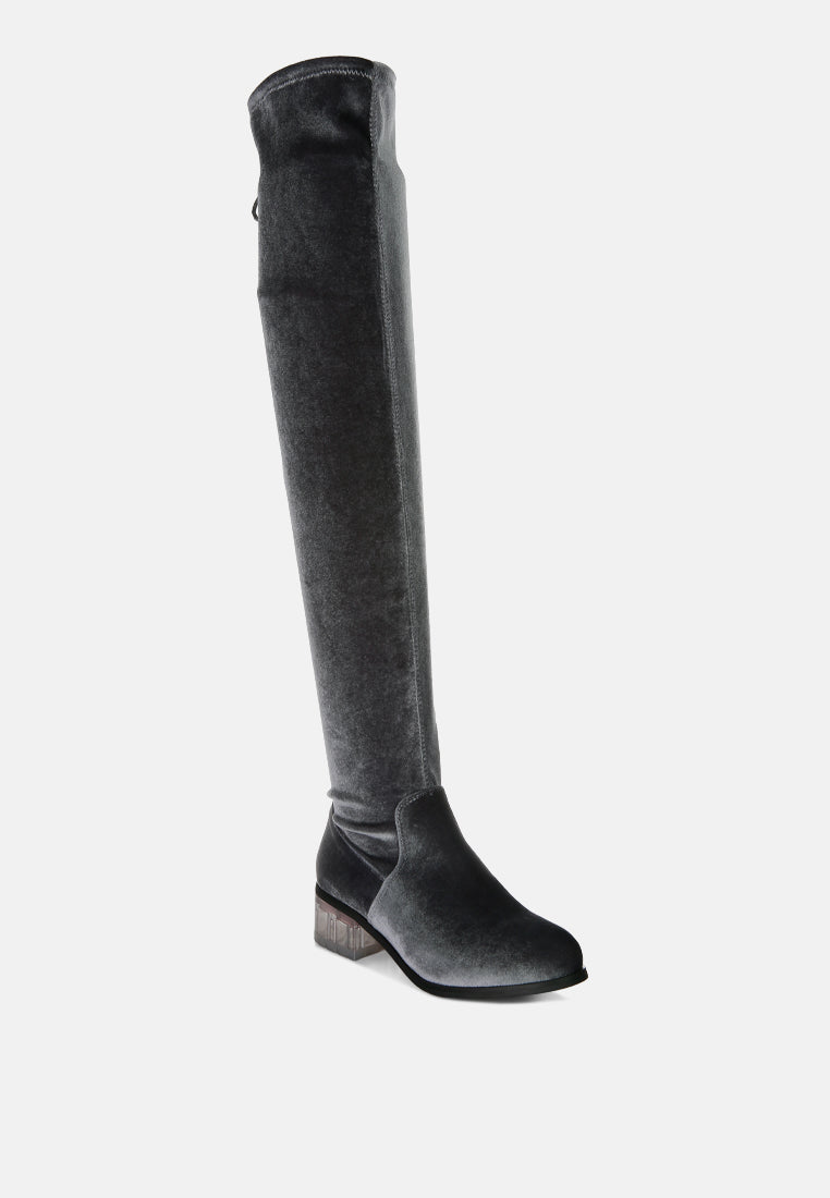 Rumple Velvet Over The Knee Clear Heel Boots by London Rag