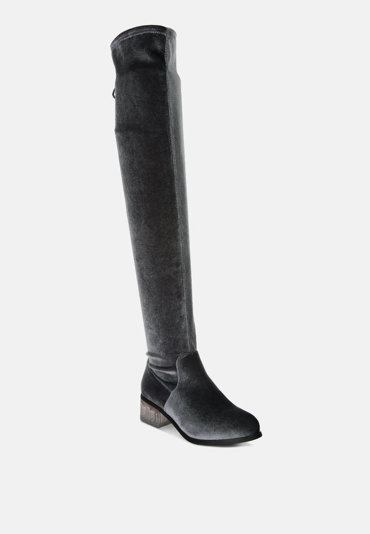 Rumple Velvet Over The Knee Clear Heel Boots by London Rag
