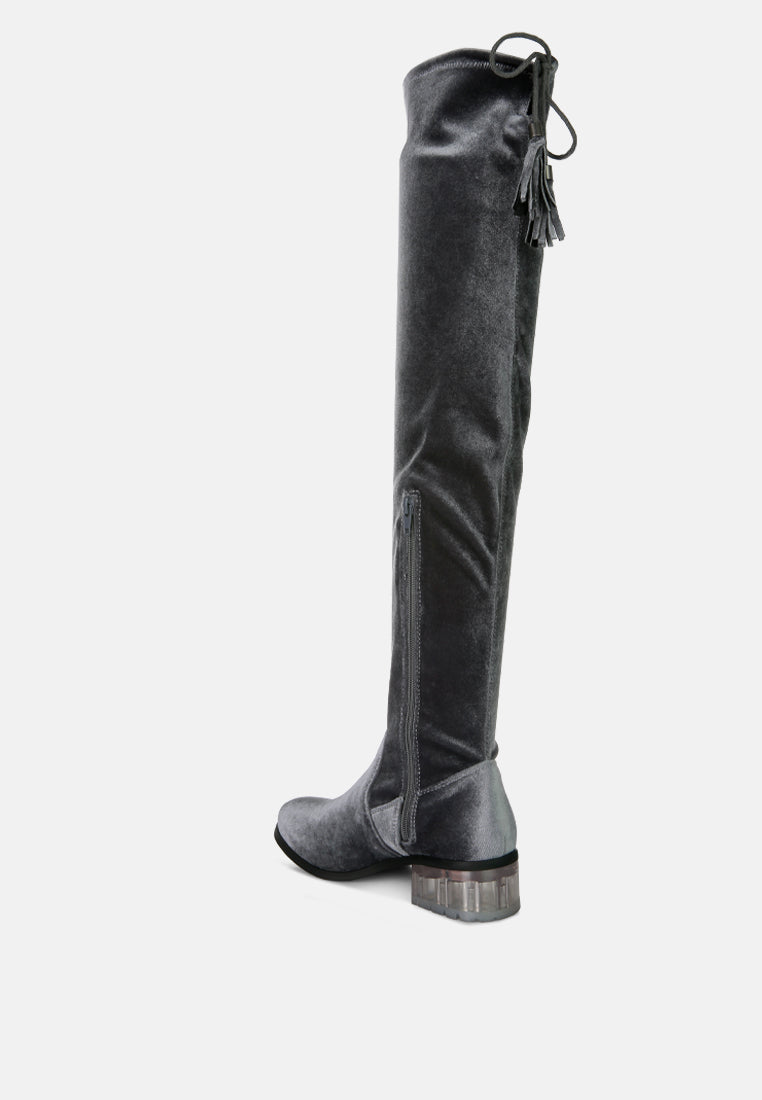 Rumple Velvet Over The Knee Clear Heel Boots by London Rag