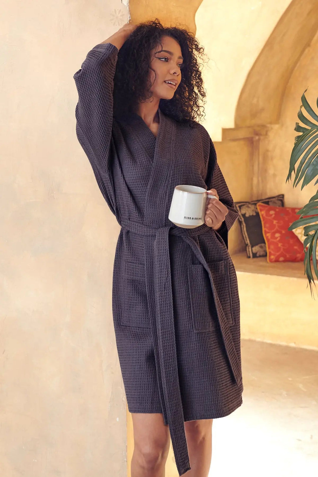 Women's Waffle Kimono Knee Length Robe by Lotus Linen