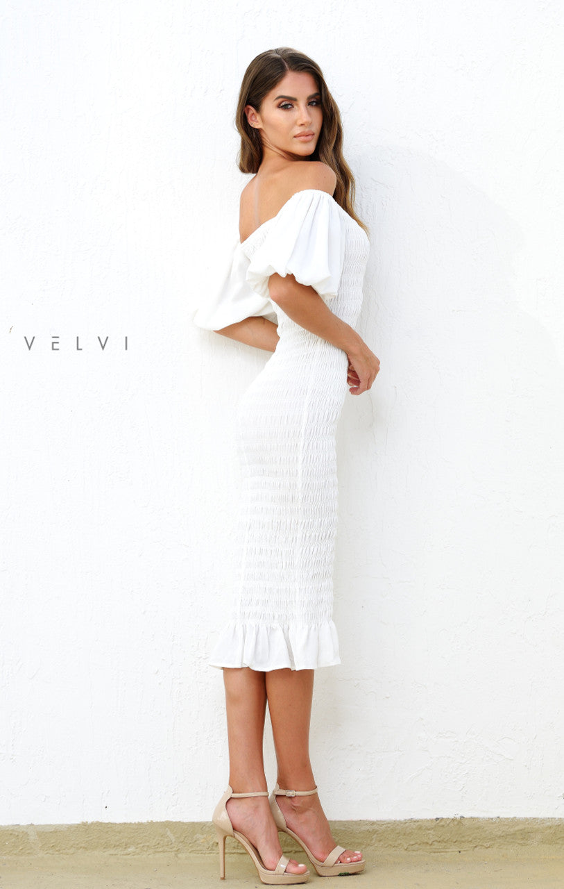 Skyla Shirred Midi Dress - WHITE