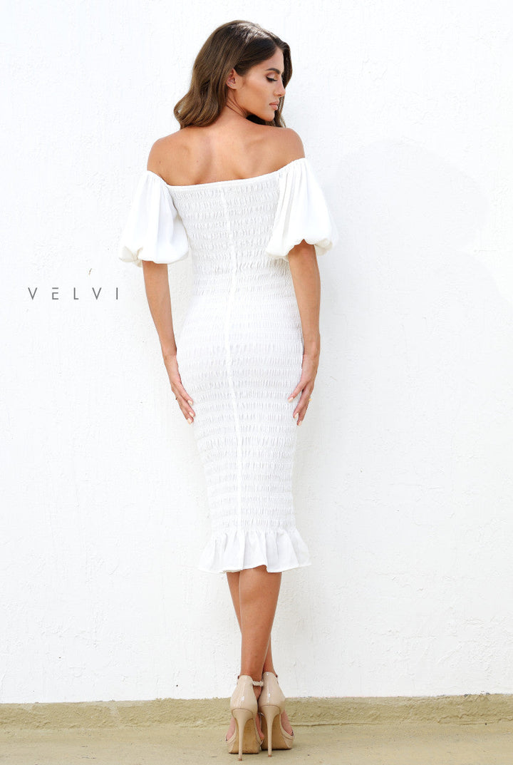 Skyla Shirred Midi Dress - WHITE