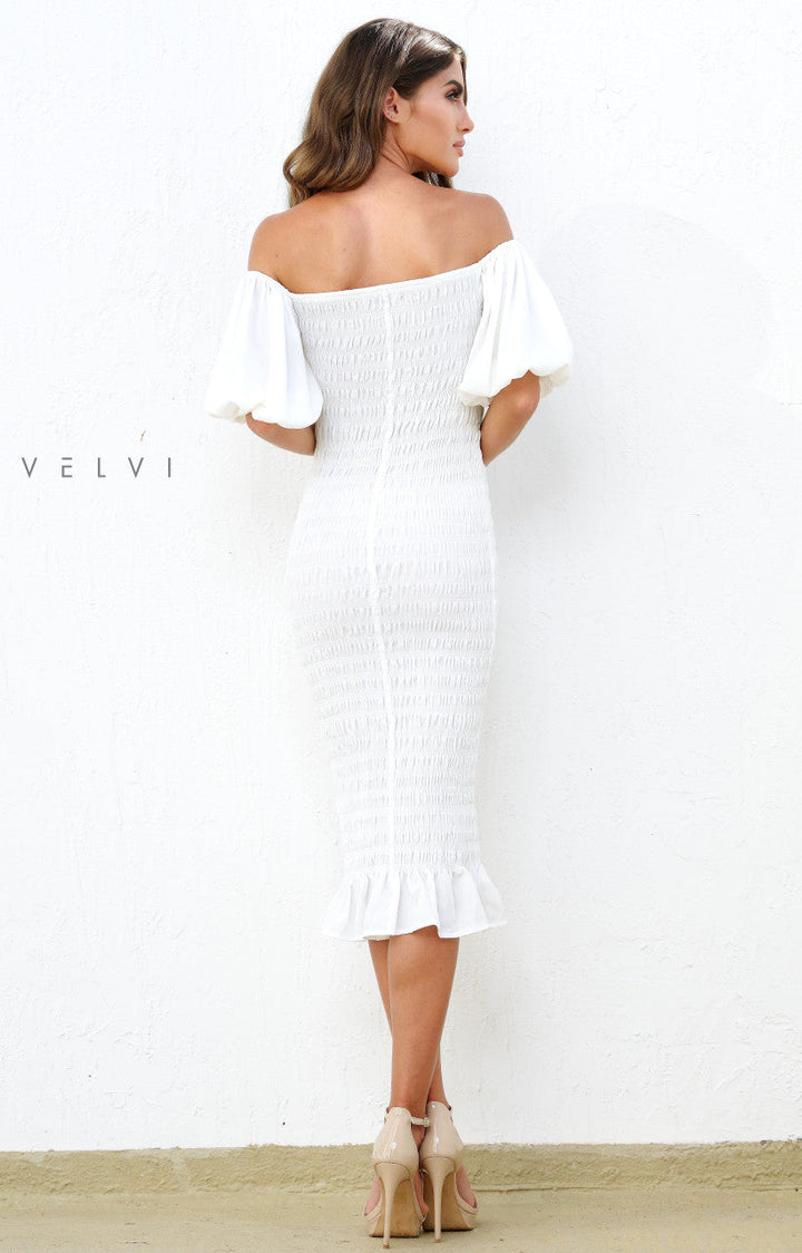 Skyla Shirred Midi Dress - WHITE