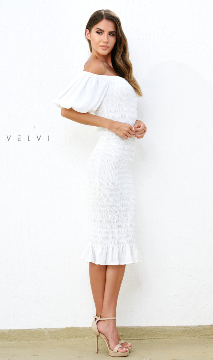Skyla Shirred Midi Dress - WHITE