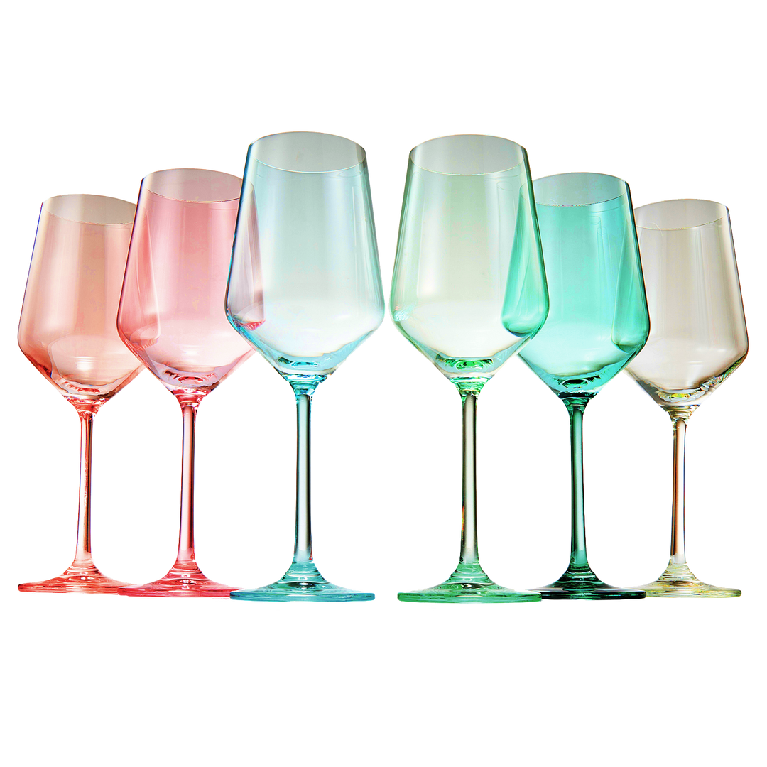 Colored Crystal Wine Glass Set of 6, Gift For Mothers Day, Her, Wife, Mom Friend - Large 12 oz Glasses, Unique Italian Style Tall Drinkware - Red & White, Dinner, Beautiful Glassware - (Summer) by The Wine Savant