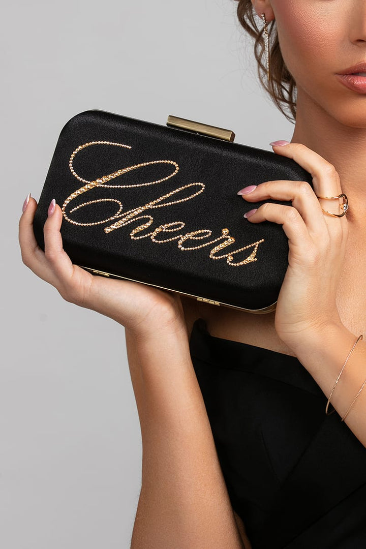 Stella Cheers Clutch in Black with Gold Crystals