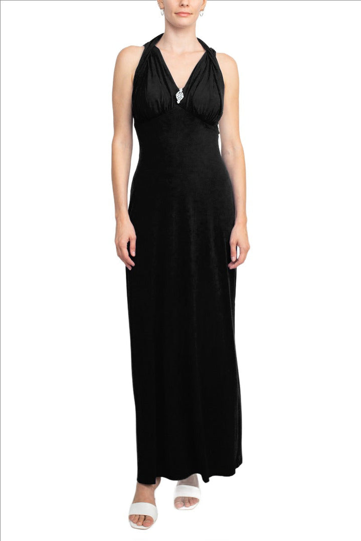 Connected Apparel Crossed Neck Sleeveless Jewelry Front Detail Ruched Empire Waist Solid Jersey Dress