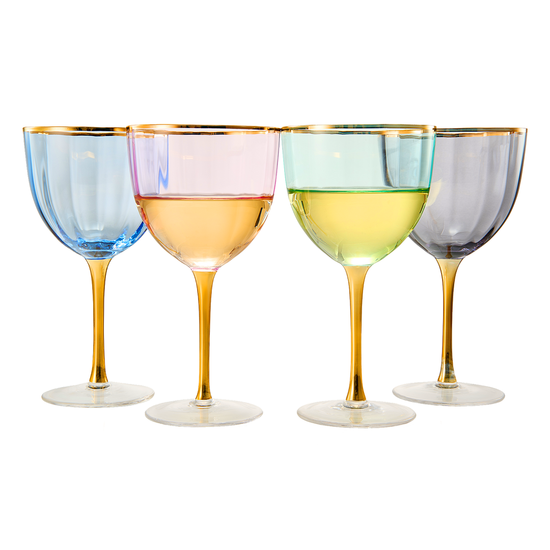 Art Deco Colored Crystal Wine Glass Set of 4, Large 18oz Stemmed Glasses Vibrant Vintage Glasses for White & Red, Water, Margarita Glasses, Gift Idea, Color Glassware - Gilded Rim and Gold Stem by The Wine Savant