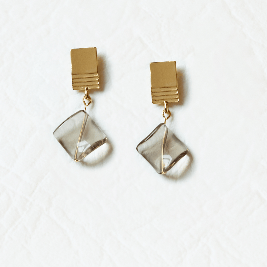 gold layered square + twisted smoky quartz earrings by VUE by SEK