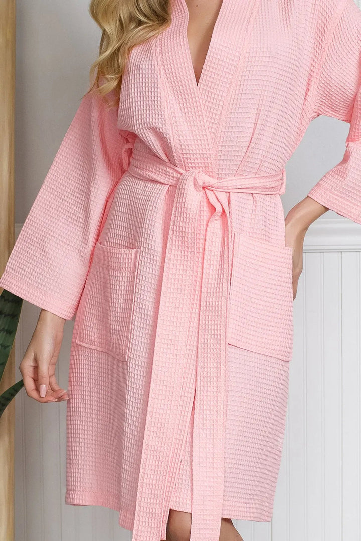 Women's Waffle Kimono Knee Length Robe by Lotus Linen